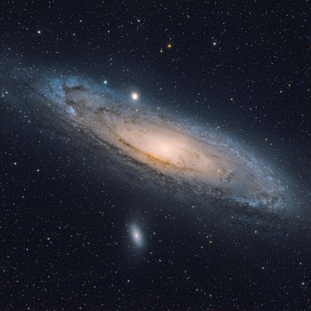 Wide-field image of the Andromeda Galaxy (M31), showing its spiral arms, bright core, and satellite galaxies against a rich star-filled background.