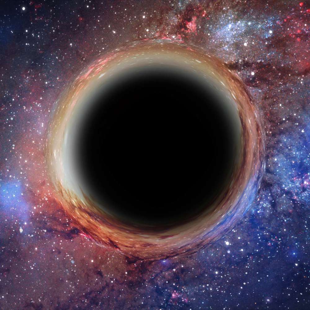 Illustration of a black hole with a surrounding accretion disk, showing the warped spacetime and gravitational lensing near the event horizon.