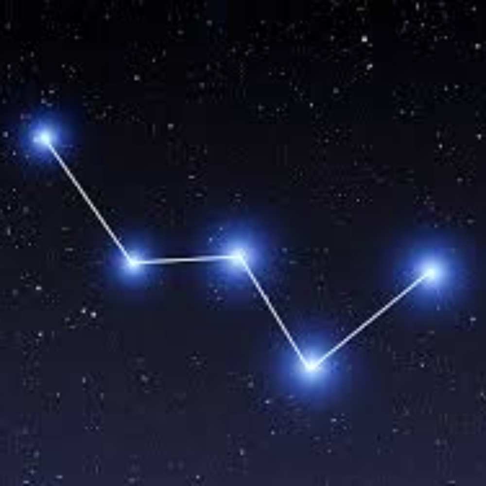Illustration of the Cassiopeia constellation showing its iconic W-shaped star pattern made of five bright stars in the northern sky.
