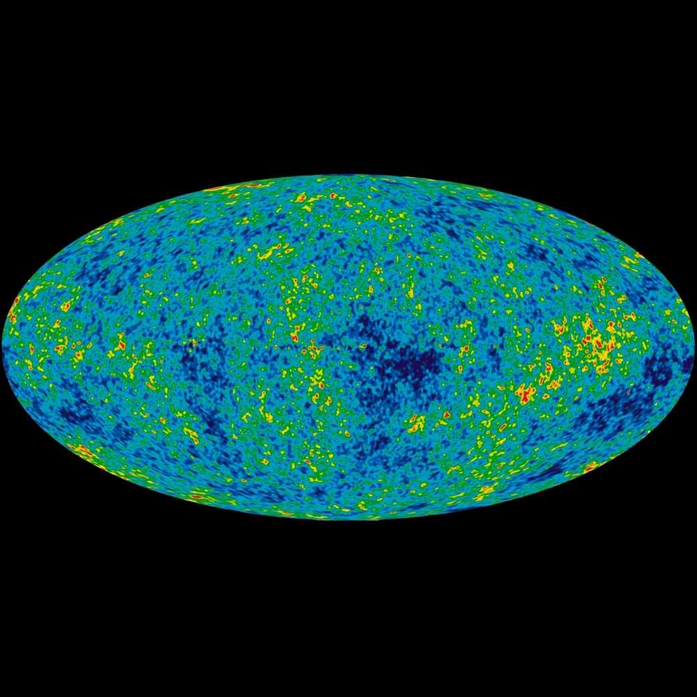 Full-sky map of the cosmic microwave background radiation, showing tiny temperature fluctuations from the early universe as captured by the WMAP satellite.