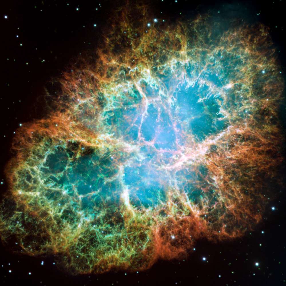 High-resolution image of the Crab Nebula (M1), a colorful supernova remnant located in the constellation Taurus.