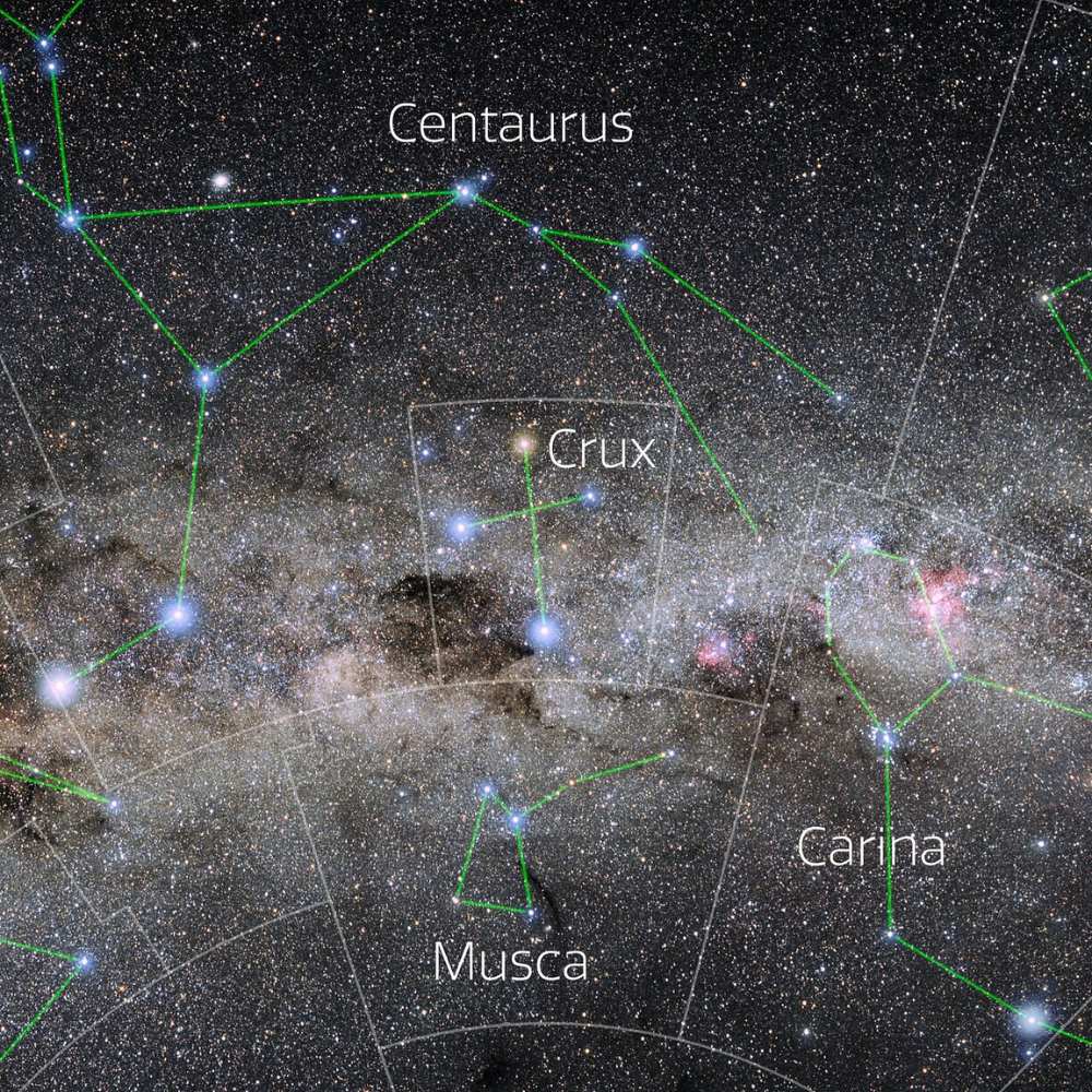 Star map highlighting the Crux constellation, also known as the Southern Cross, with nearby constellations Centaurus, Carina, and Musca.