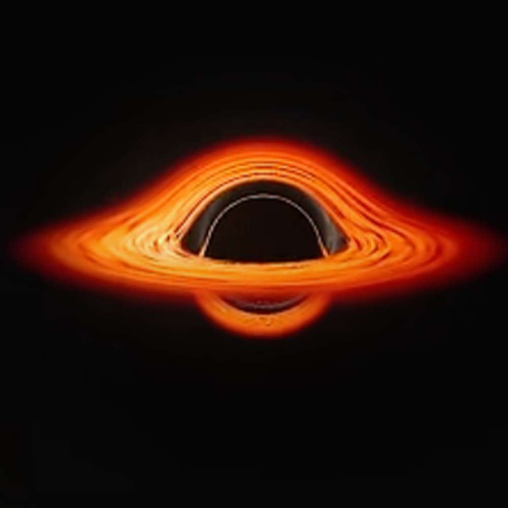 A simulated image of a black hole’s event horizon, showing a glowing accretion disk distorted by intense gravitational lensing.