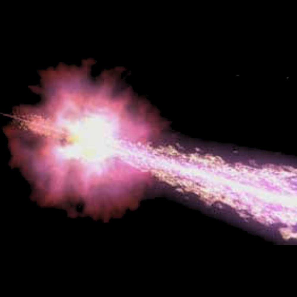 Illustration of GRB 090429B, one of the most distant gamma-ray bursts ever detected, emitting intense radiation and energetic jets from a massive cosmic explosion.
