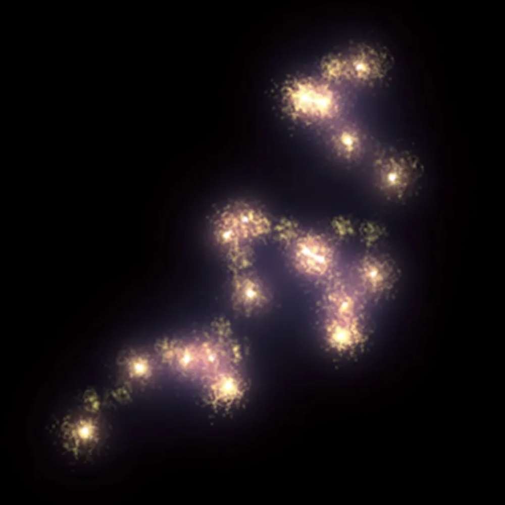 Visualization of the Hercules–Corona Borealis Great Wall, the largest known cosmic structure, made of massive clusters of galaxies interconnected across 10 billion light-years.