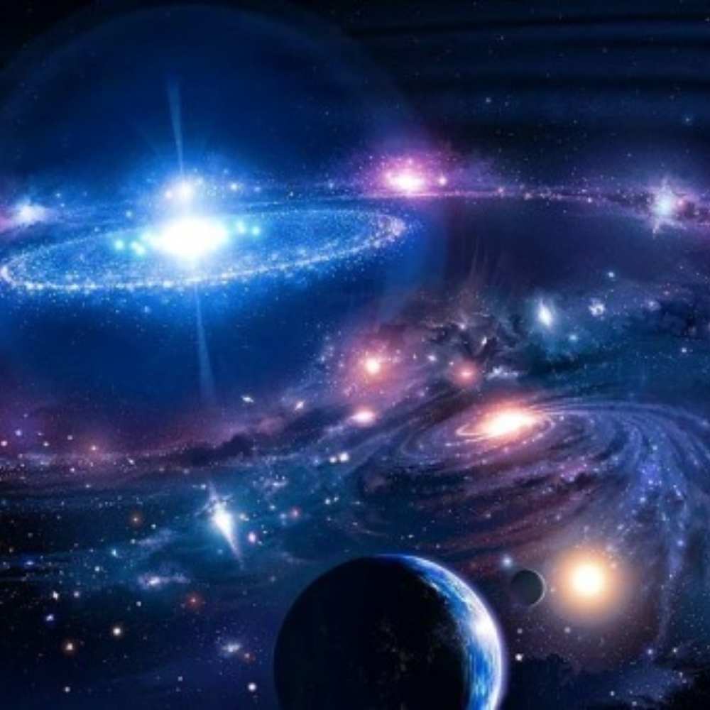 Artistic concept of the Huge-LQG, one of the largest known quasar structures in the universe, depicting interconnected galaxies and quasars across cosmic scales.