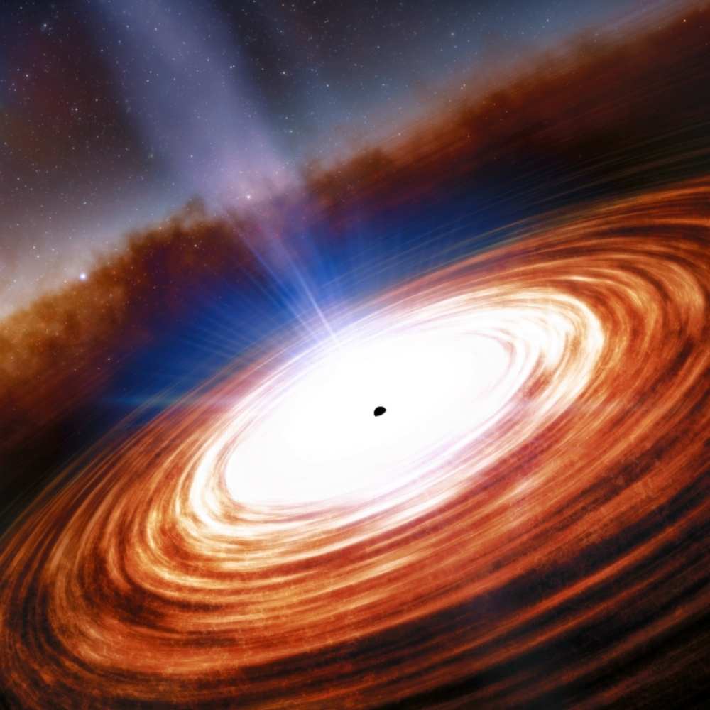 Artist’s impression of quasar J0313–1806, the most distant known quasar powered by a supermassive black hole, surrounded by a glowing accretion disk and emitting powerful jets.