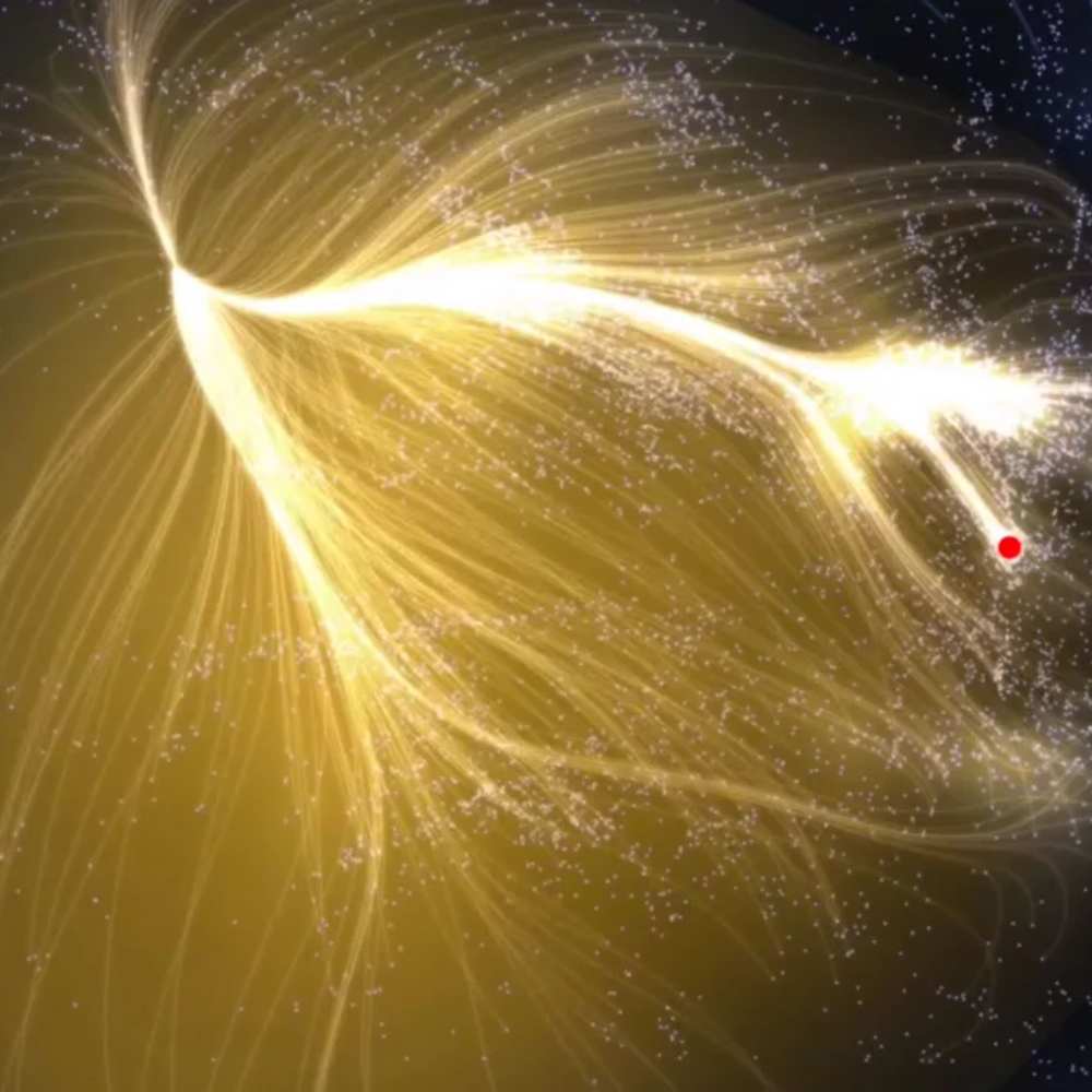 Flow-based visualization of the Laniakea Supercluster showing the gravitational flow of galaxies toward the Great Attractor, with the Milky Way marked by a red dot.