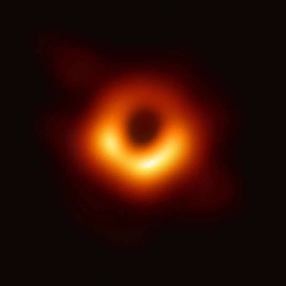 First-ever image of a black hole in galaxy Messier 87, showing the glowing event horizon captured by the Event Horizon Telescope in 2019.
