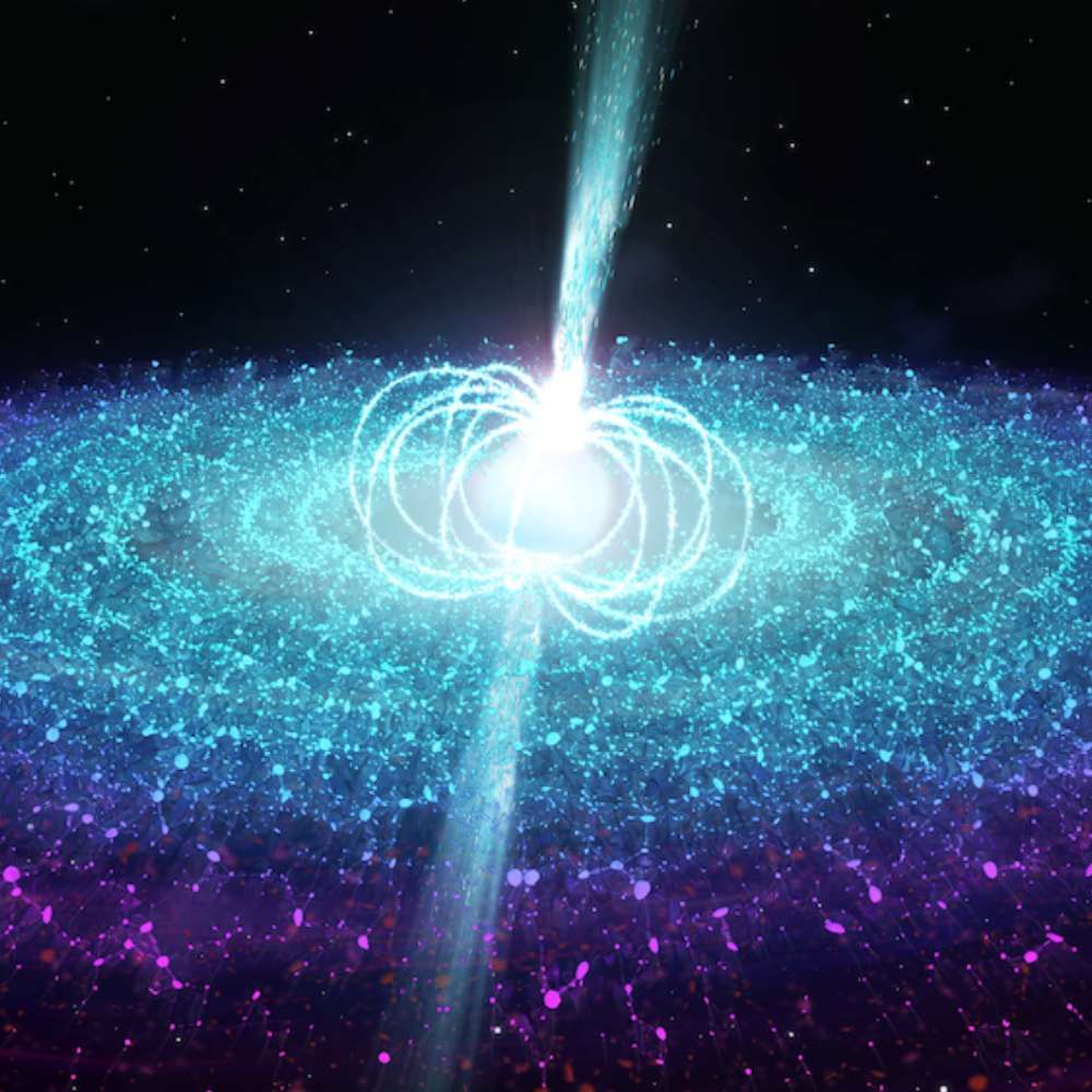 Visualization of a neutron star with strong magnetic fields and particle jets emitting from its poles.