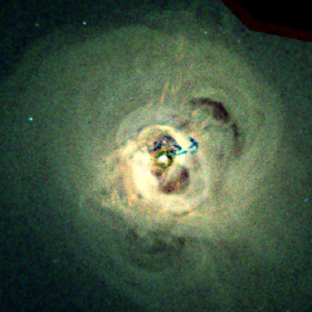 X-ray image of the Perseus Cluster showing cavities, shockwaves, and sound wave ripples created by the central supermassive black hole, as captured by NASA’s Chandra Observatory.