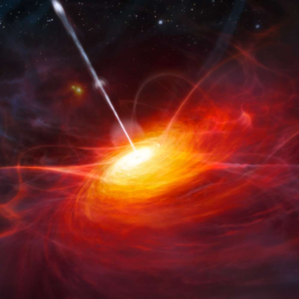 Illustration of a quasar emitting powerful energy beams from a supermassive black hole surrounded by a glowing accretion disk.
