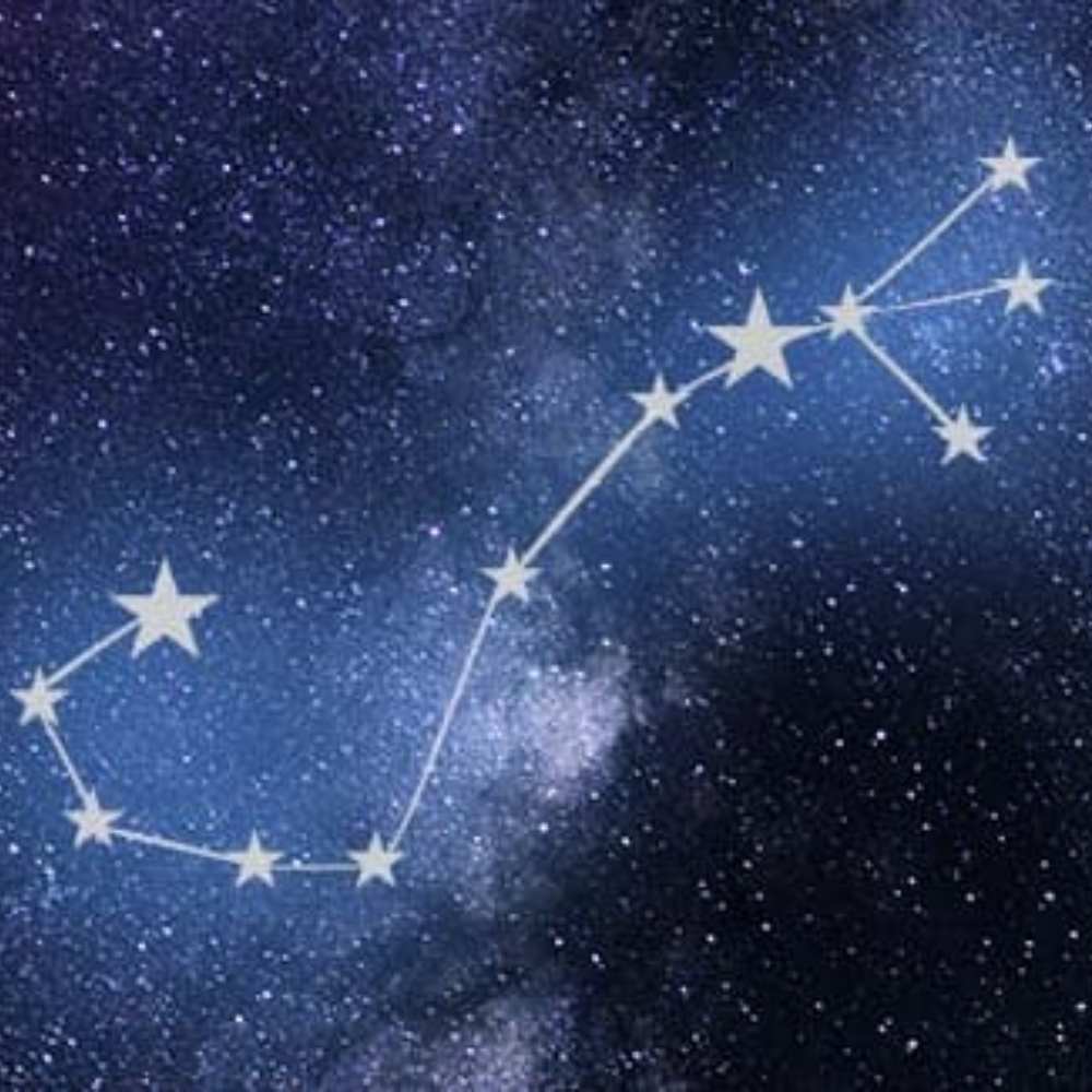 Illustration of the Scorpius constellation showing its curved, scorpion-like shape with bright stars forming the claws and tail.