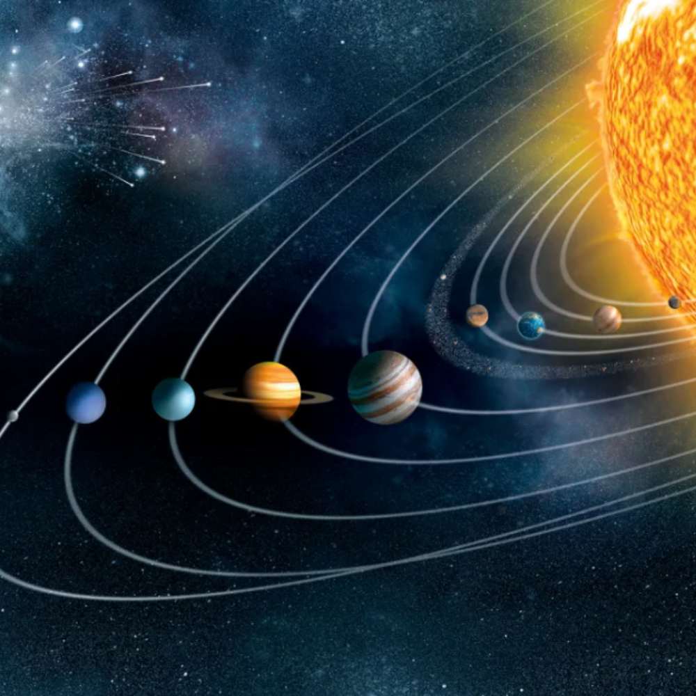 Illustration of the solar system showing all eight planets in their orbital paths around the Sun.