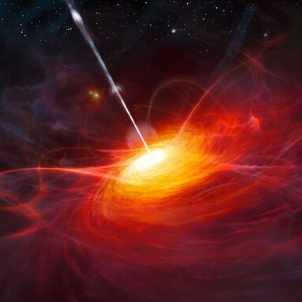Artistic illustration of a quasar emitting powerful relativistic jets from its accretion disk, symbolizing the active galaxies in the U1.11 Large Quasar Group.