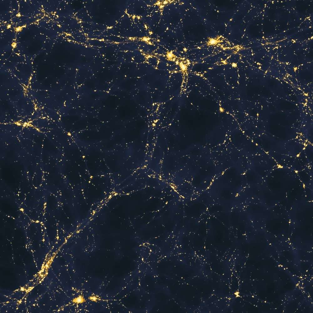 Visualization of the cosmic web showing bright galaxy clusters connected by filaments and walls across dark matter voids in the universe.