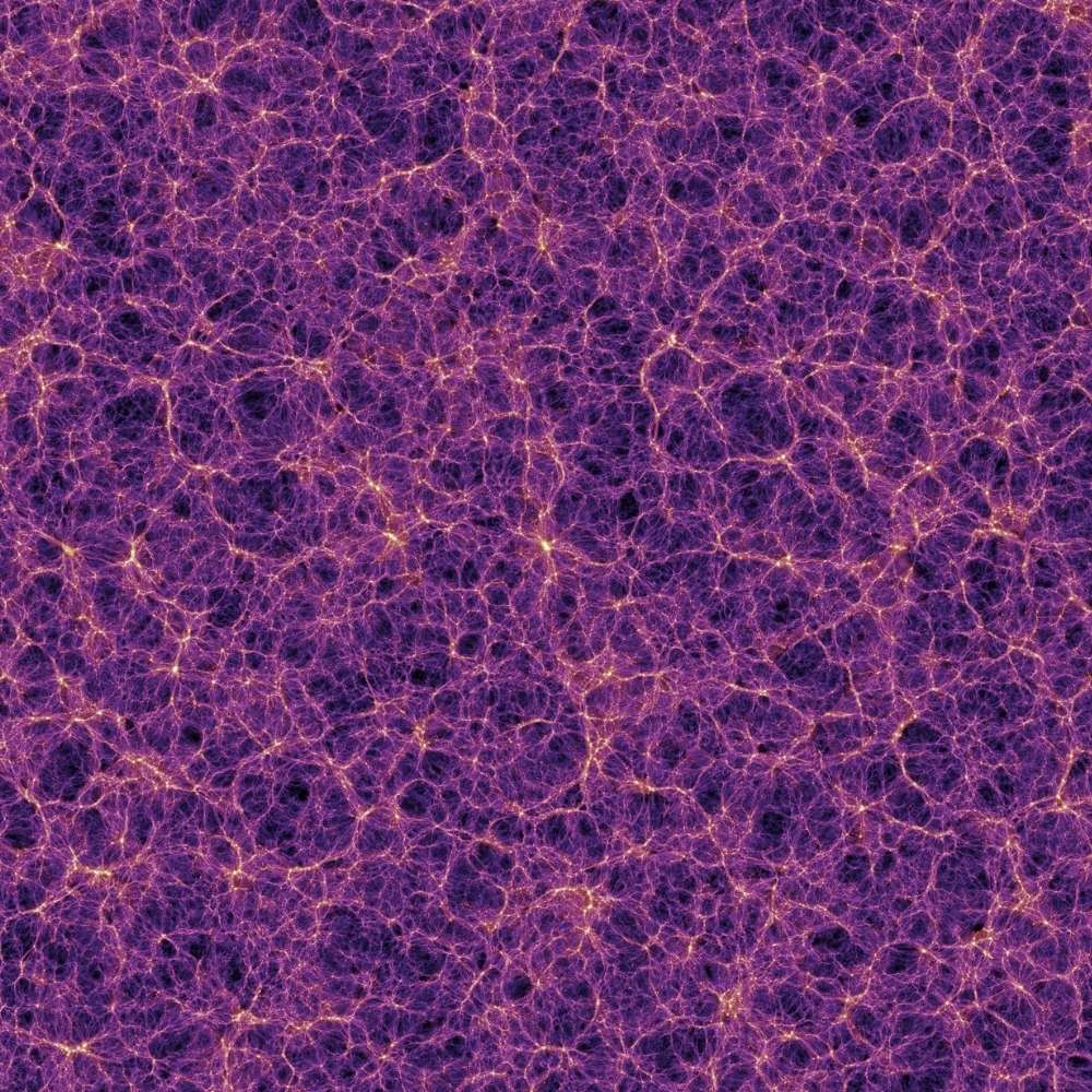 Simulation image of the cosmic web showing the large-scale structure of the universe with interconnected filaments of galaxies, dark matter, and voids.