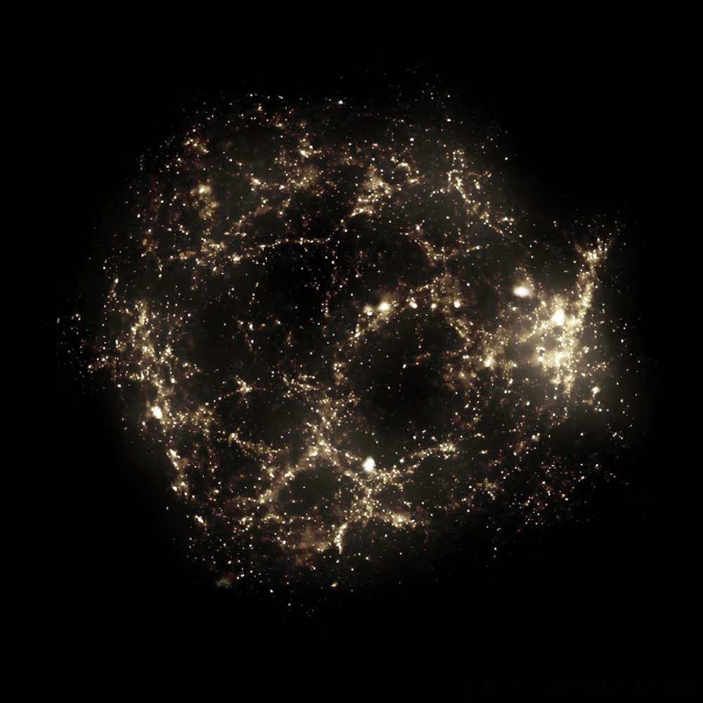 Simulation of the Giant Void showing an immense underdense region in the cosmic web surrounded by galaxy filaments and clusters.