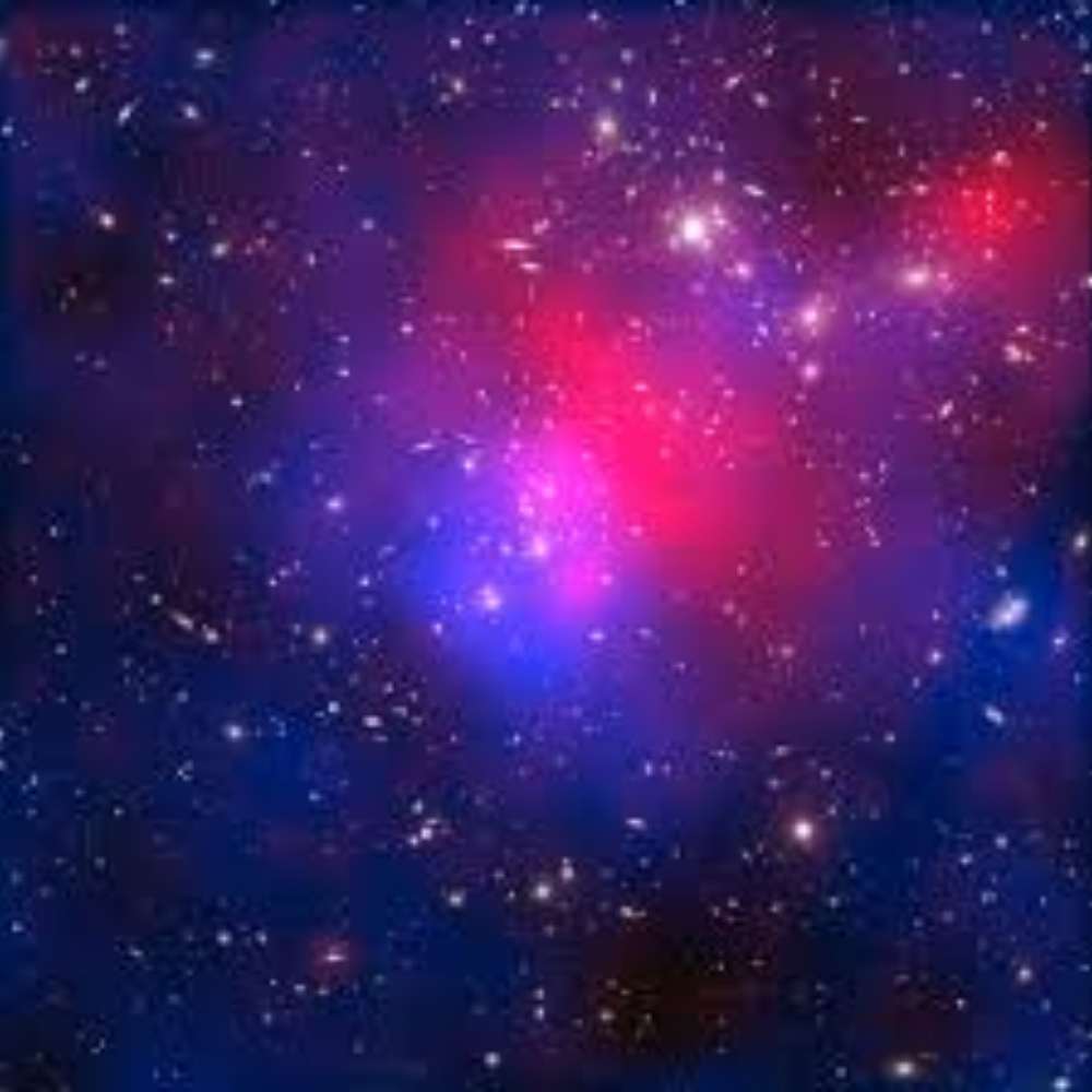 Composite image of Pandora’s Cluster showing galaxy clusters merging, with X-ray hot gas in pink and dark matter distribution in blue.