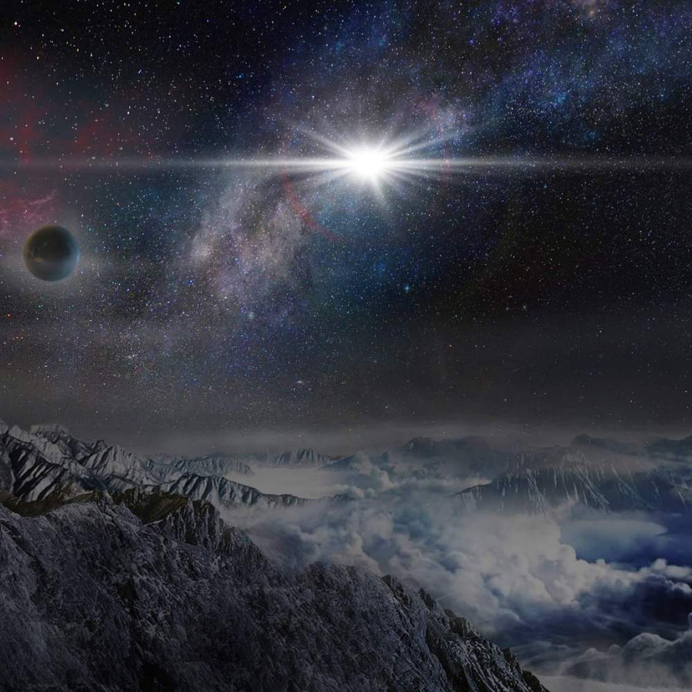 Artistic illustration of the ASASSN-15lh brightest supernova showing a blinding stellar explosion above distant mountains, with a nearby planet and Milky Way background.