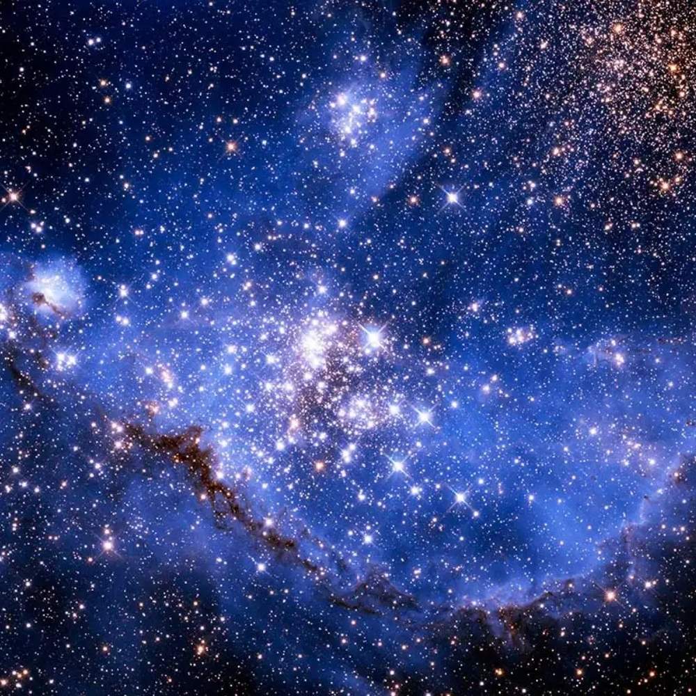 High-resolution Hubble image showing nearby galaxies and bright star clusters in the local volume with regions of active star formation.
