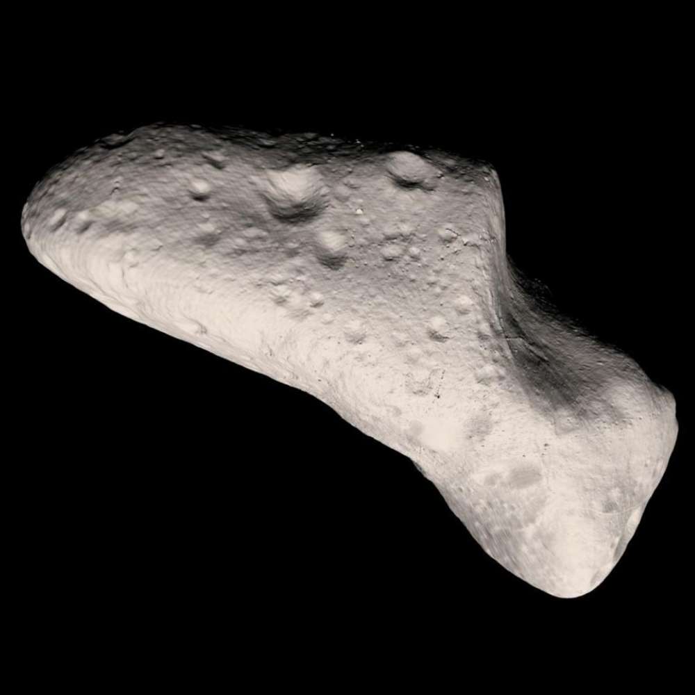 433 Eros is a near-Earth asteroid with an elongated, irregular shape and heavily cratered surface, observed in detail by NASA’s NEAR Shoemaker mission.