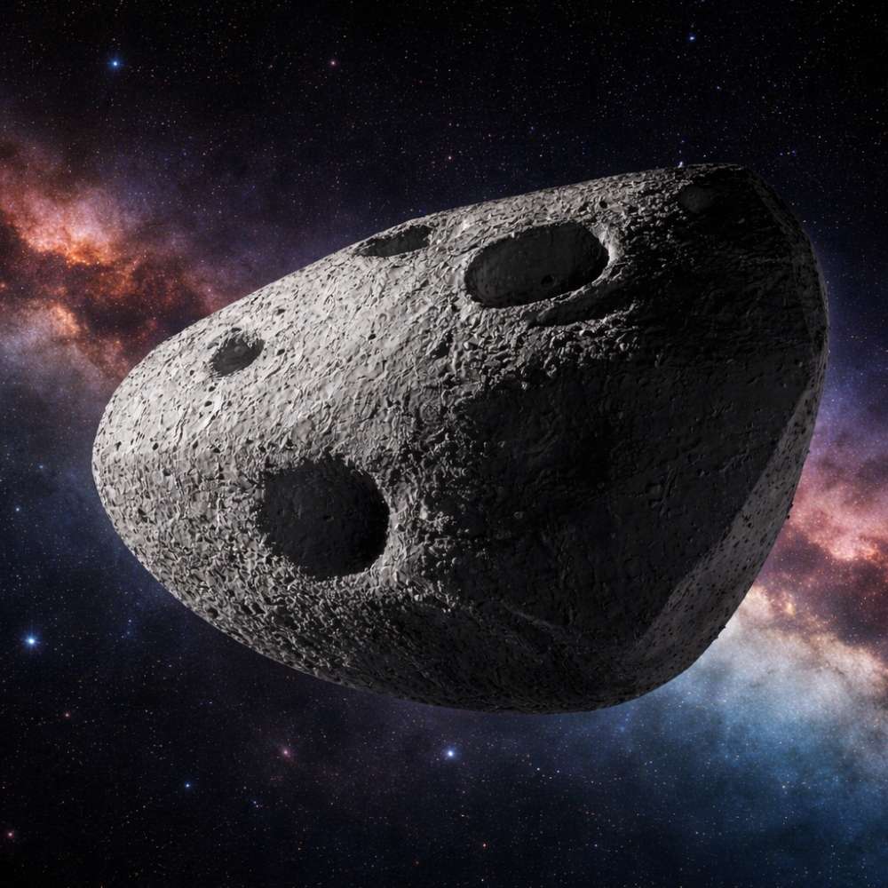 Near-Earth asteroid 99942 Apophis showing its elongated rocky surface during a simulated close approach to Earth