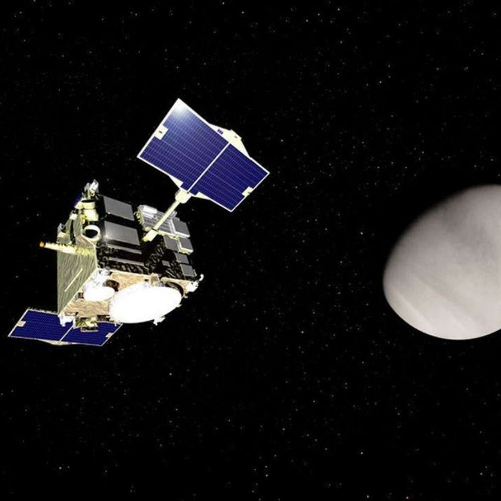 Illustration of the Akatsuki spacecraft orbiting Venus, showing Japan’s climate orbiter studying Venusian clouds, atmospheric circulation, and weather patterns.