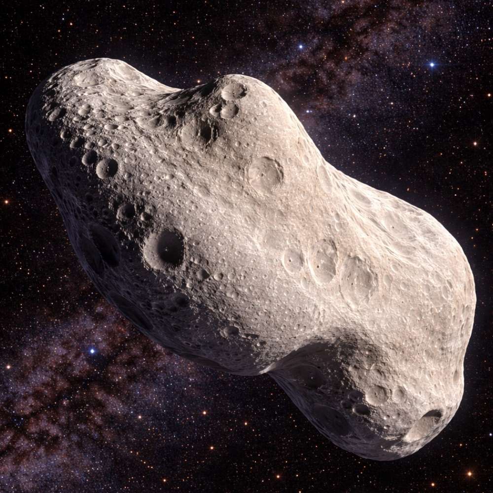 High-resolution view of an Amor-type near-Earth asteroid showing its irregular rocky shape and cratered surface as it travels through the inner Solar System.
