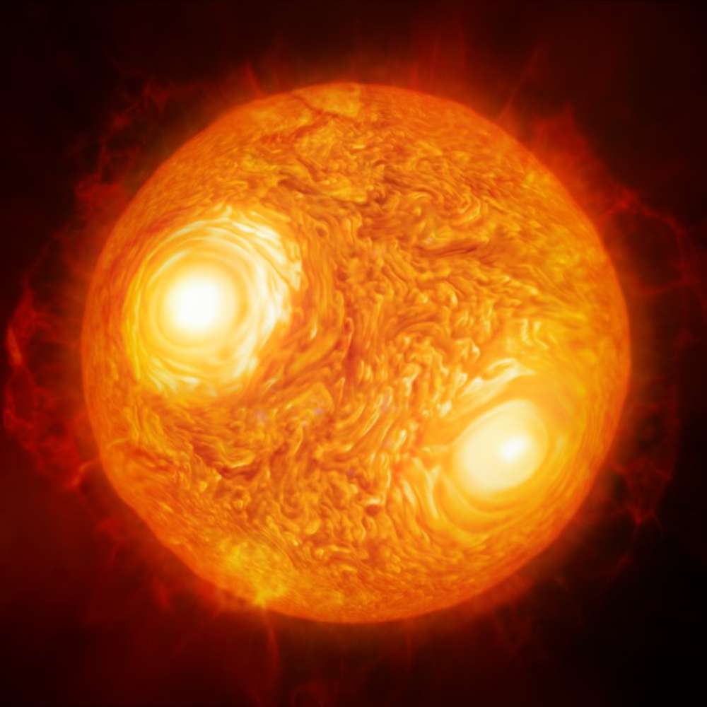 High-resolution illustration of Antares showing its turbulent red supergiant surface with giant convection cells and glowing plasma activity.