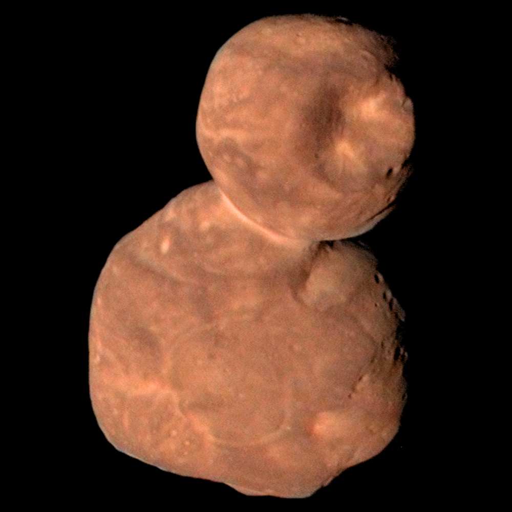 Close-up image of Arrokoth (2014 MU69), a contact binary Kuiper Belt object visited by New Horizons, showing its two-lobed, reddish primordial surface.