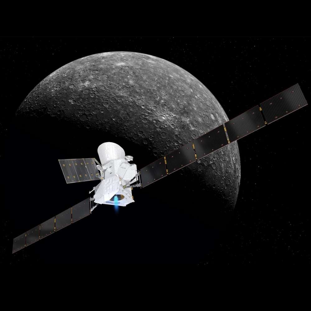 Illustration of the BepiColombo spacecraft flying past Mercury, showing the dual-orbiter mission studying the planet’s surface, interior, and magnetic environment.