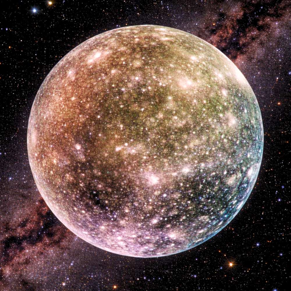 High-resolution image of Callisto, Jupiter’s outermost large moon, showing its heavily cratered ancient surface and lack of significant geological resurfacing.
