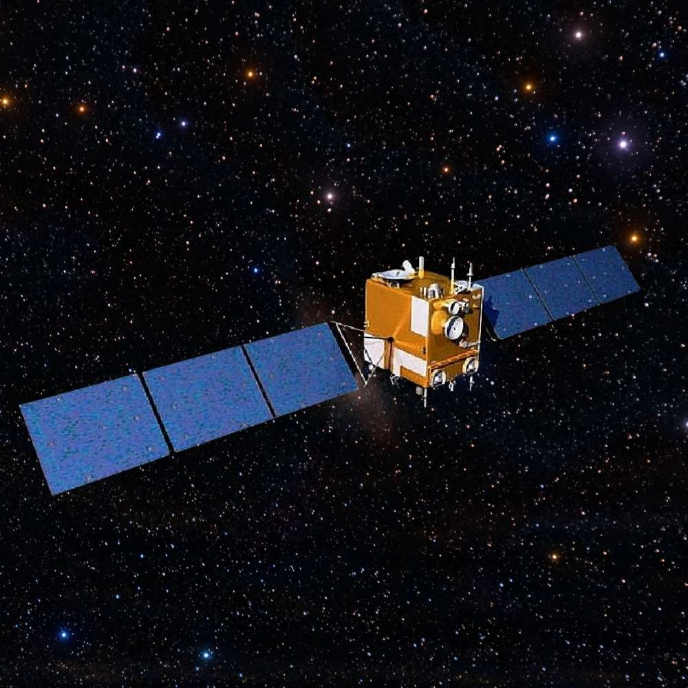 Illustration of China’s Chang’e 2 spacecraft in deep space, showing the lunar orbiter turned deep-space probe with solar panels extended.