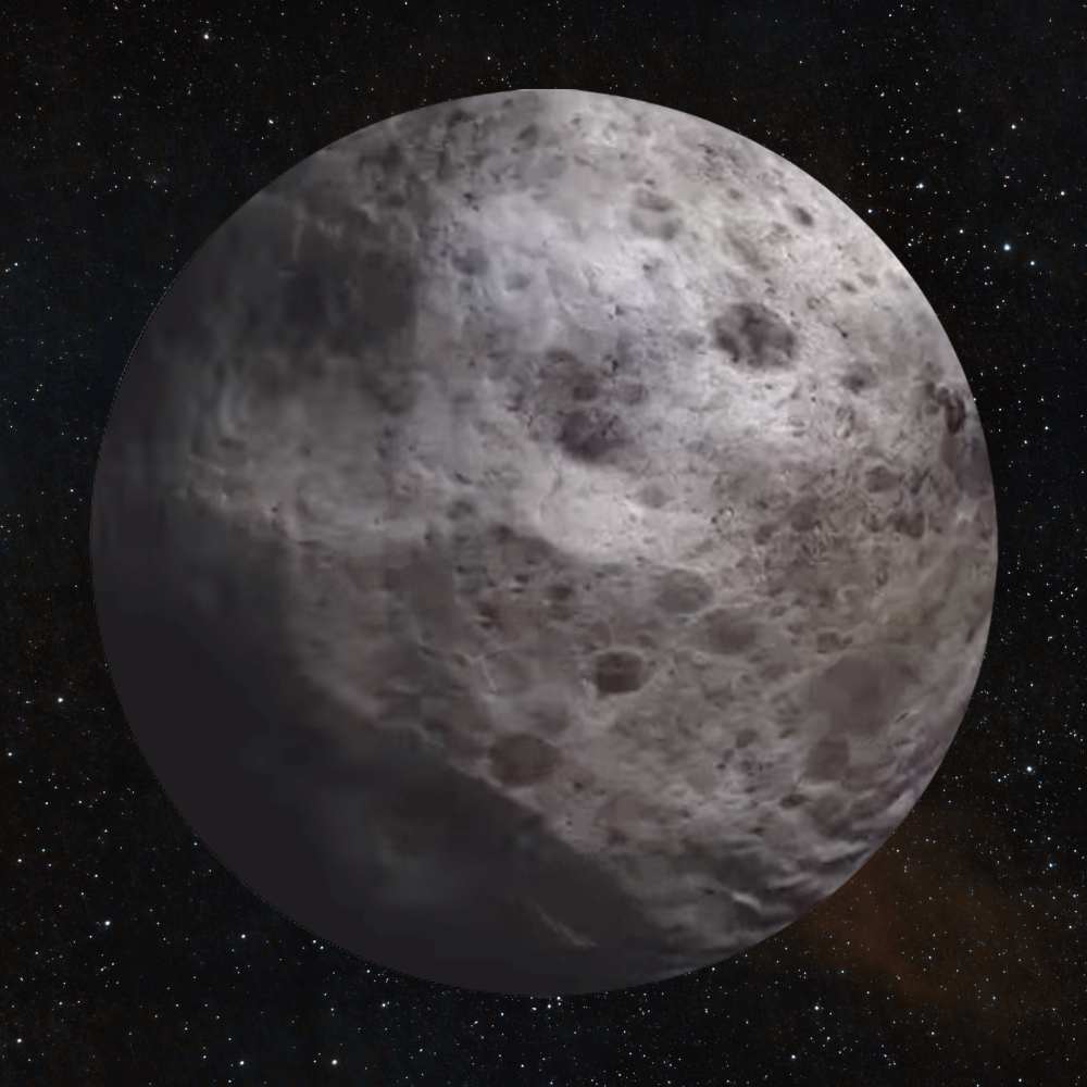 Artist’s impression of Dysnomia, the natural satellite of dwarf planet Eris, showing a gray, cratered icy surface orbiting in the distant Kuiper Belt region.