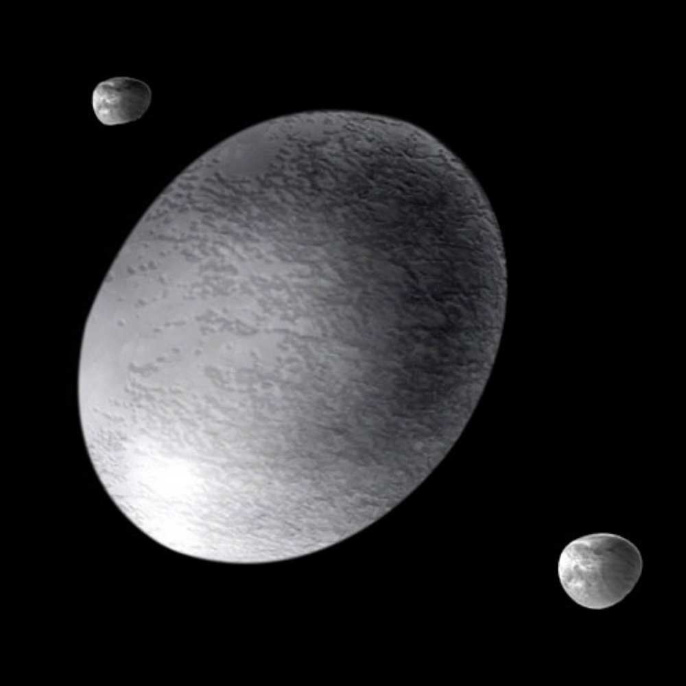 Artist’s impression of Hiʻiaka, the largest moon of the dwarf planet Haumea, shown as an icy satellite orbiting in the Kuiper Belt.