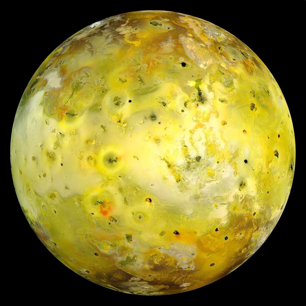 High-resolution view of Io, Jupiter’s most volcanically active moon, showing sulfur-rich plains, lava flows, and impact features on its colorful surface.