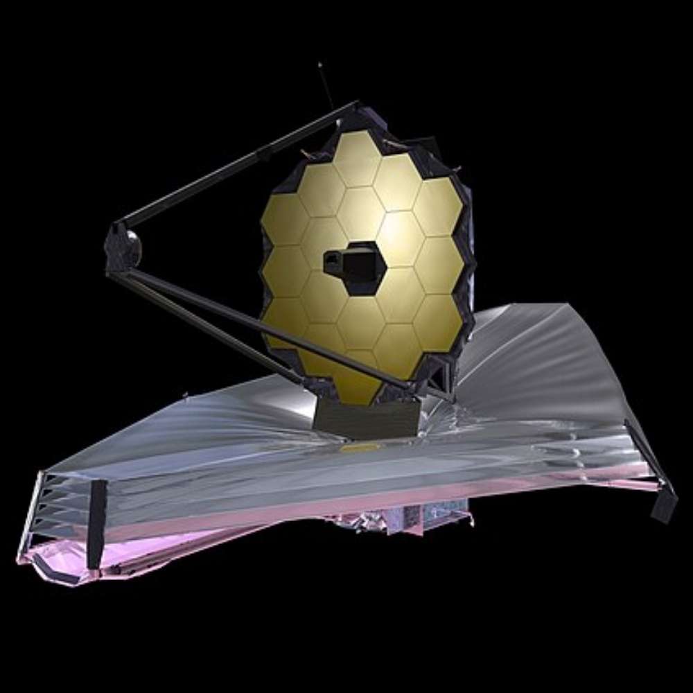 James Webb Space Telescope with its gold-coated segmented primary mirror and sunshield, NASA’s flagship infrared space observatory designed to study the early Universe, exoplanet atmospheres, star formation, and distant galaxies.