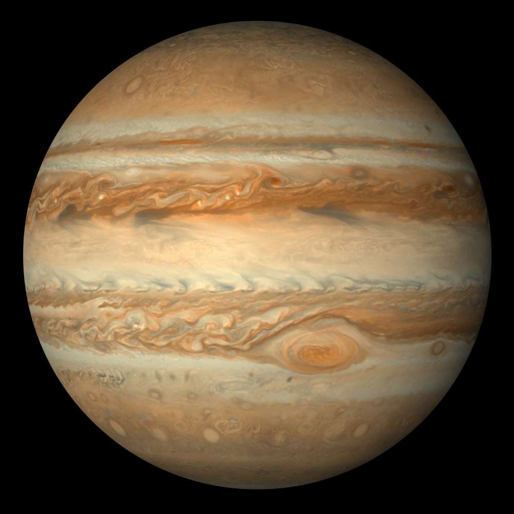 High-resolution image of Jupiter showing its thick cloud bands, powerful storms, and the Great Red Spot, highlighting the planet’s dynamic gas giant atmosphere.