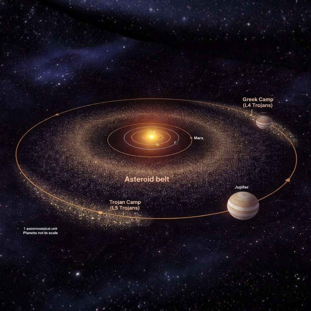 Illustrated diagram of the Jupiter Trojans showing asteroid swarms at the L4 and L5 Lagrange points, sharing Jupiter’s orbit around the Sun near the asteroid belt.