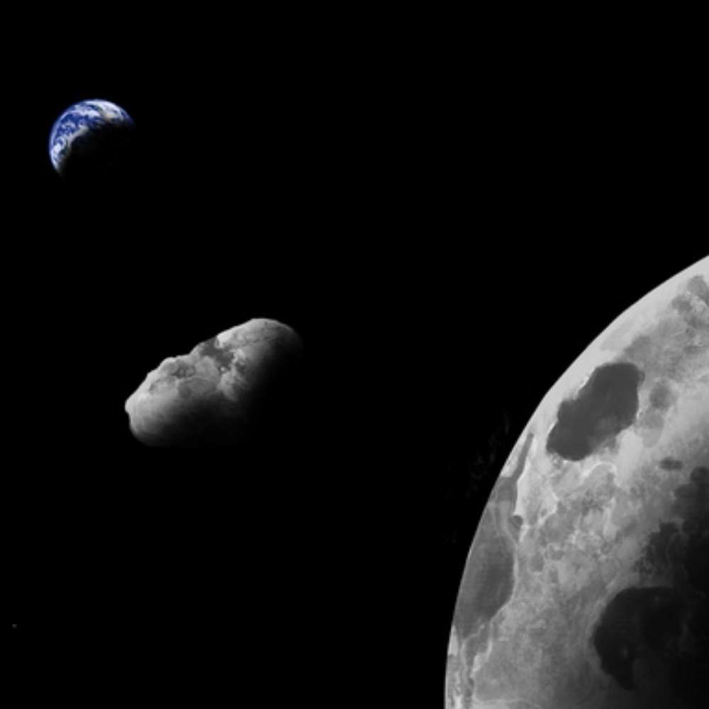 Kamoʻoalewa (469219), Earth’s quasi-satellite asteroid, shown near the Moon with Earth in the background, illustrating its unique orbital relationship with our planet.