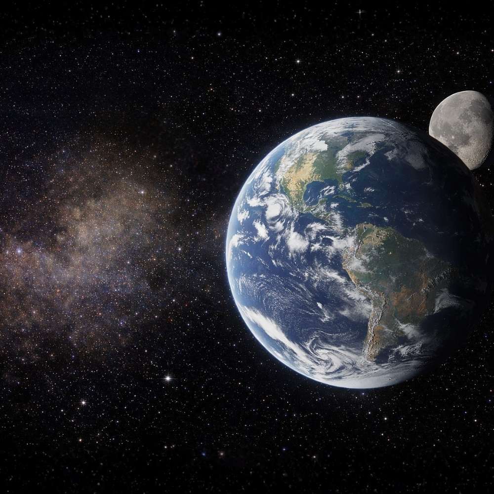 Visualization of the Kordylewski dust cloud located at the Earth–Moon L5 Lagrange point, showing a faint concentration of interplanetary dust gravitationally trapped between Earth and the Moon.