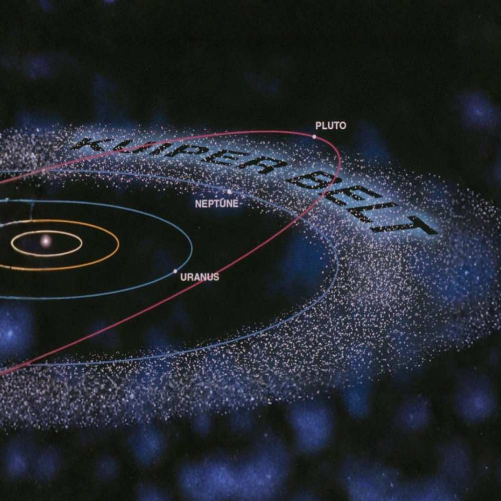 Diagram of the Kuiper Belt showing a vast disk of icy objects beyond Neptune, including Pluto and other trans-Neptunian bodies, with their orbital paths illustrated.