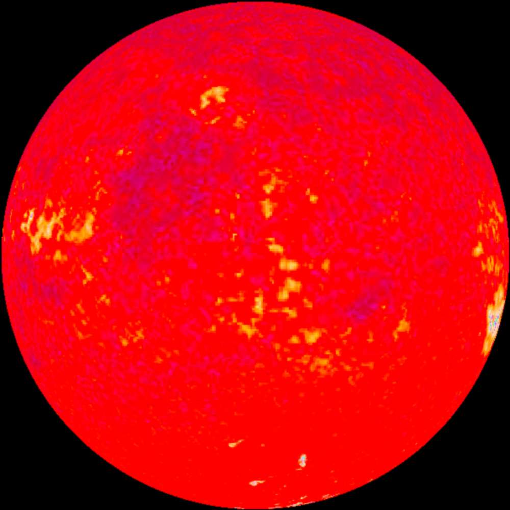 Infrared visualization of Lalande 21185, a nearby red dwarf star, showing surface temperature variations and active stellar regions in bright red and yellow tones.