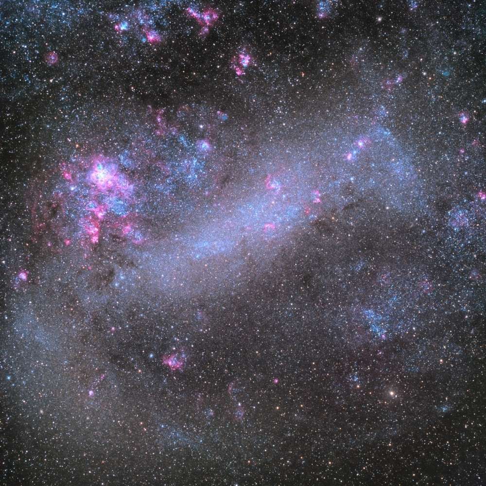 Wide-field image of the Large Magellanic Cloud showing bright star-forming regions, glowing nebulae, and dense star fields in this satellite galaxy of the Milky Way.