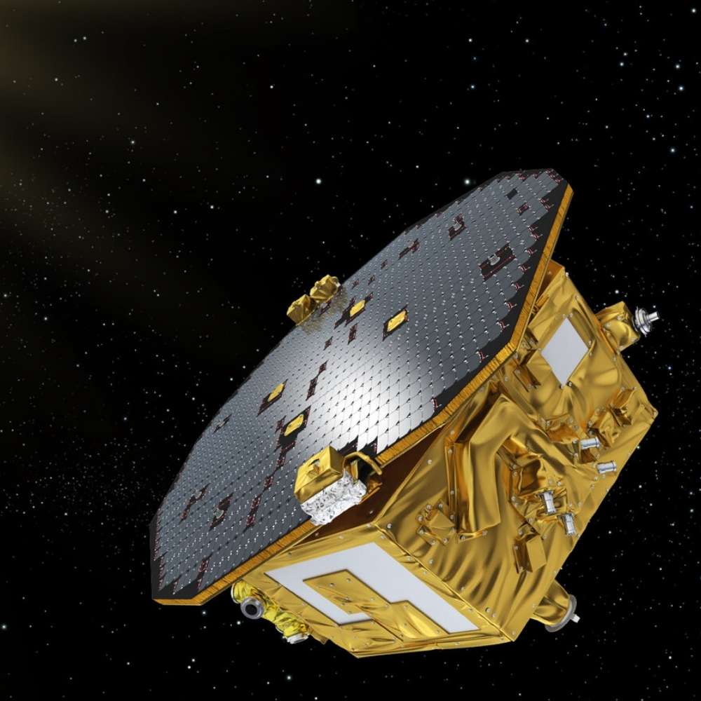 The LISA Pathfinder spacecraft testing precision technologies for future space-based gravitational wave observatories.