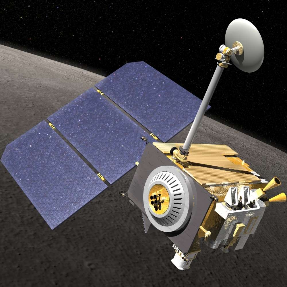Lunar Reconnaissance Orbiter (LRO) orbiting the Moon, mapping the lunar surface in high resolution to study craters, polar regions, and potential landing sites.