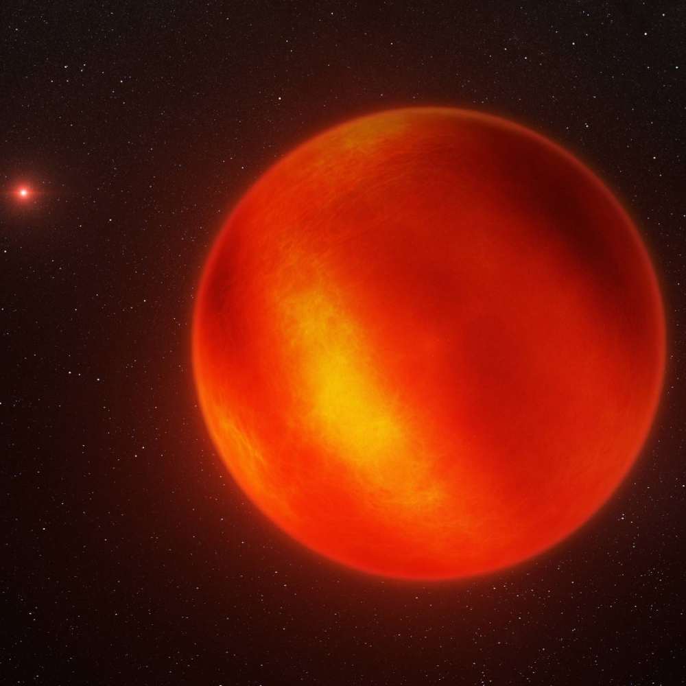 Artist’s impression of Luhman 16, a nearby brown dwarf binary system, showing the glowing atmosphere and faint companion star in the background.