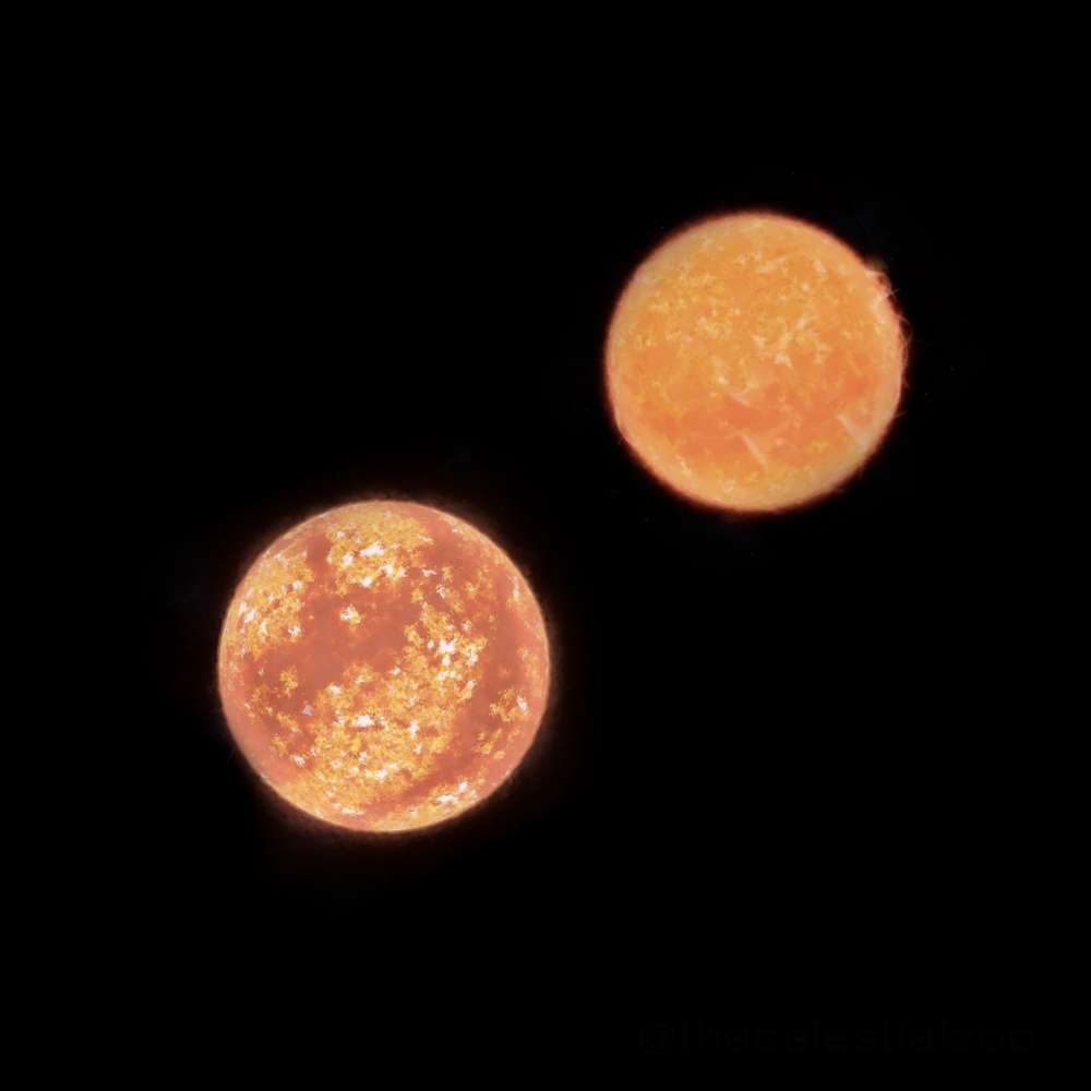 High-resolution illustration of the binary red dwarf system Luyten 726-8, showing two glowing orange-red stars with visible flare activity against a dark background.