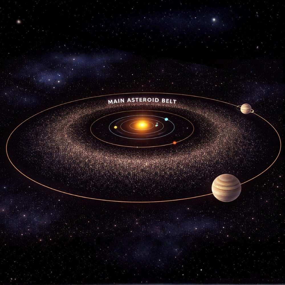 Illustrated view of the main asteroid belt showing thousands of asteroids orbiting the Sun between Mars and Jupiter within the inner Solar System.